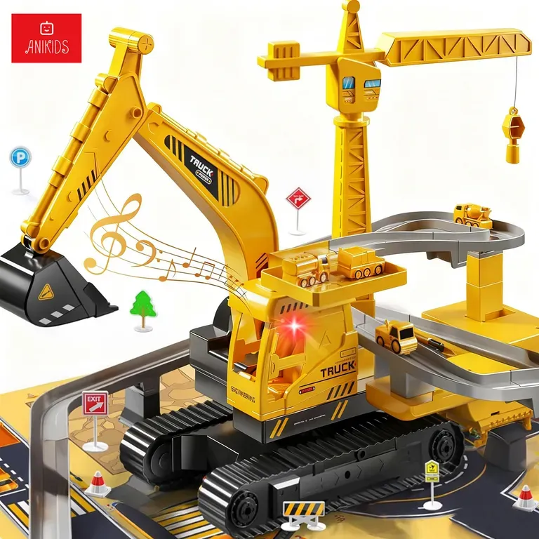 Pista De Autos Con Excavadora Grúa Multifuncional Juguete Niños Color Amarillo