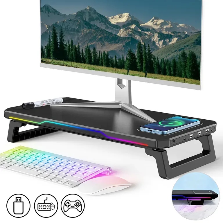Base Soporte Monitor Escritorio RGB Con 4 Puertos USB 2.0