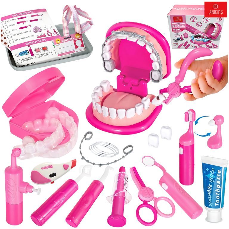 Set Juego de Rol Doctor Juguete Dentista Para Niños 24 Piezas Funcion Luz Sonido Agua Color Rosa